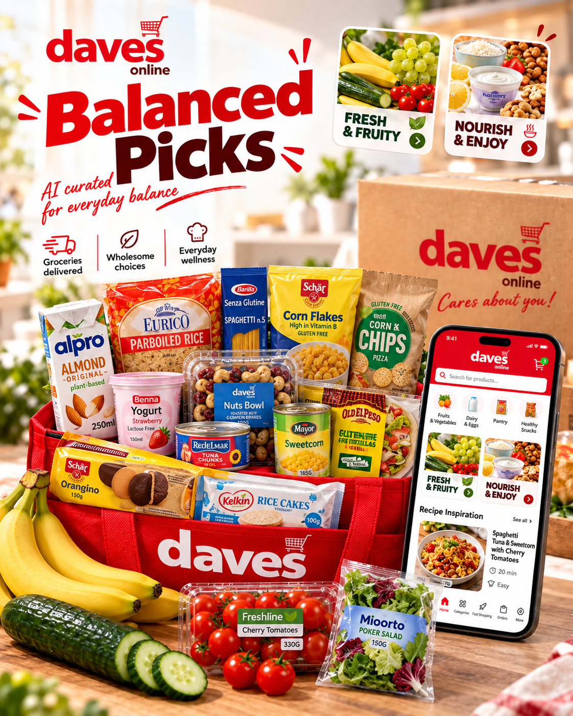 AI-enhanced Dave's Online balanced grocery editorial visual