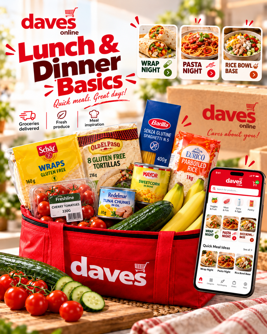 AI-enhanced Dave's Online lunch and dinner editorial visual