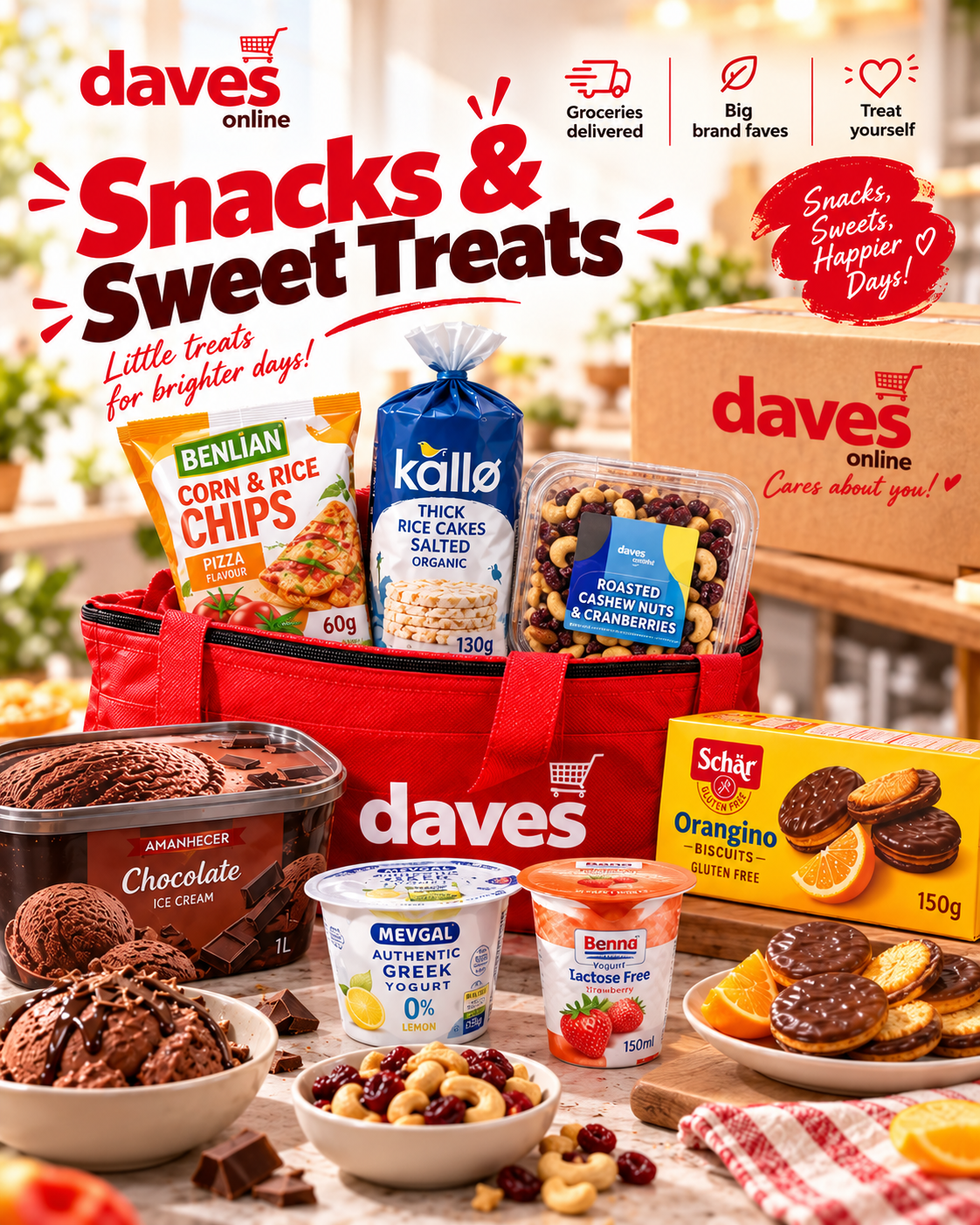 AI-enhanced Dave's Online snacks and treats editorial visual