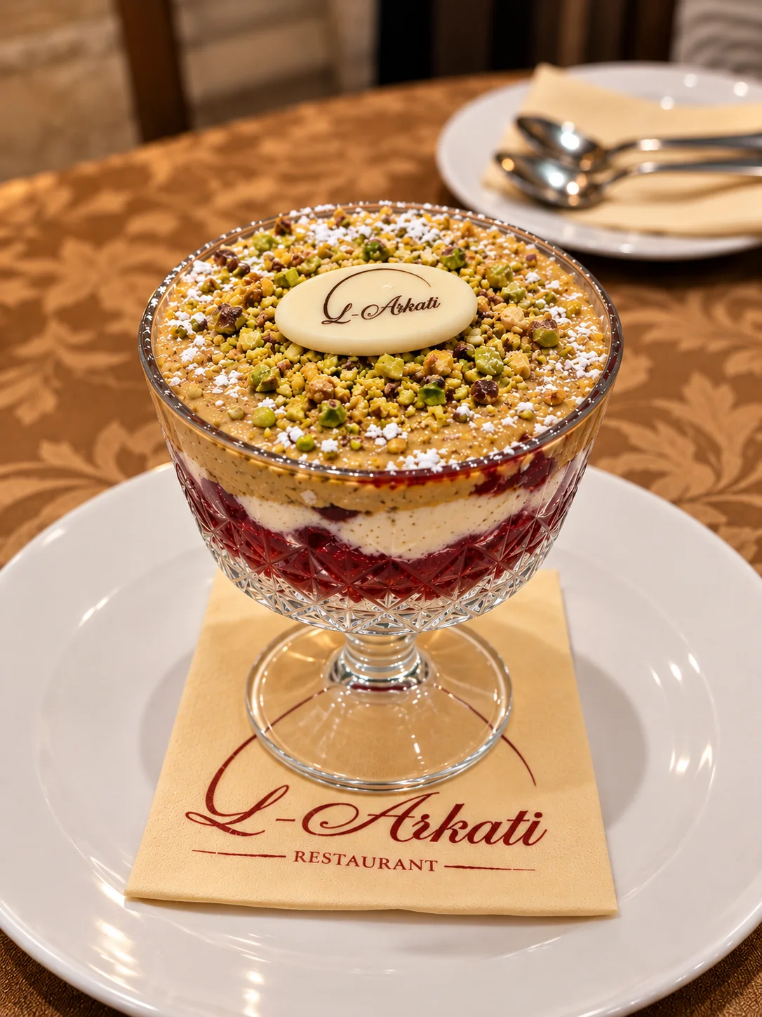 Pistachio and berry dessert at L’Arkati