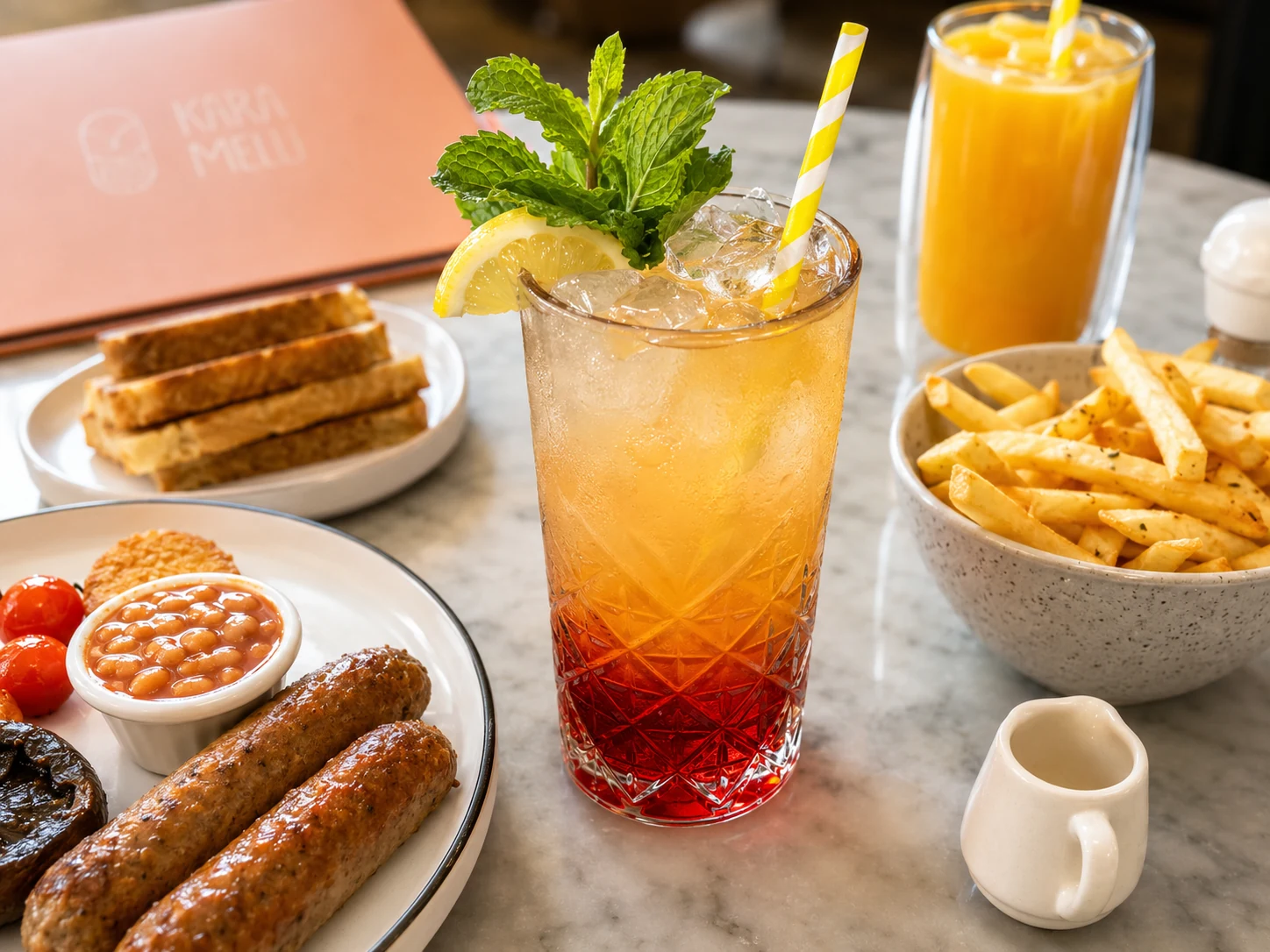 Karamelli brunch table with One in a Melon drink, mango smoothie, fries and vegan breakfast