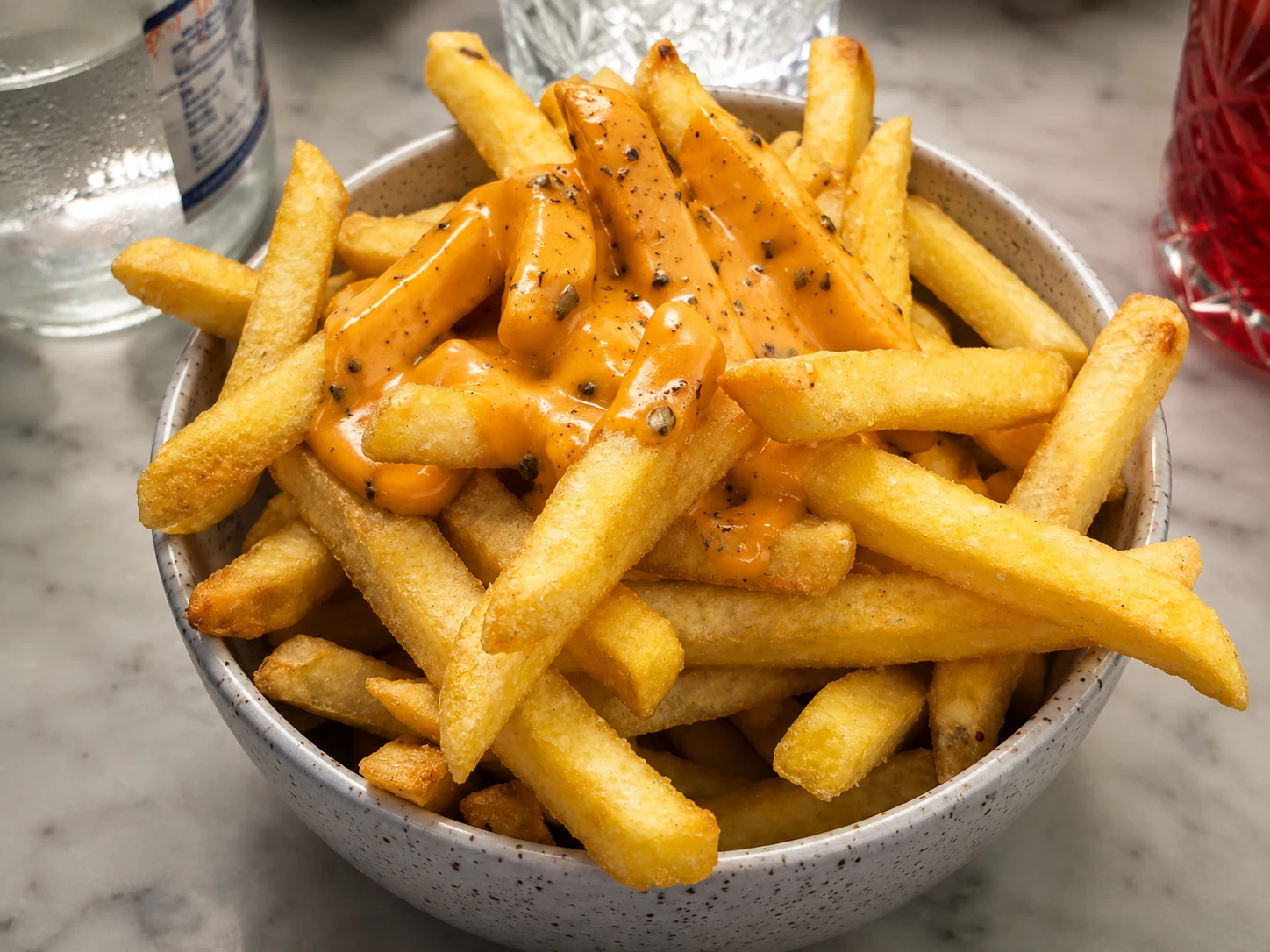 Karamelli truffle cheesy fries in a speckled bowl