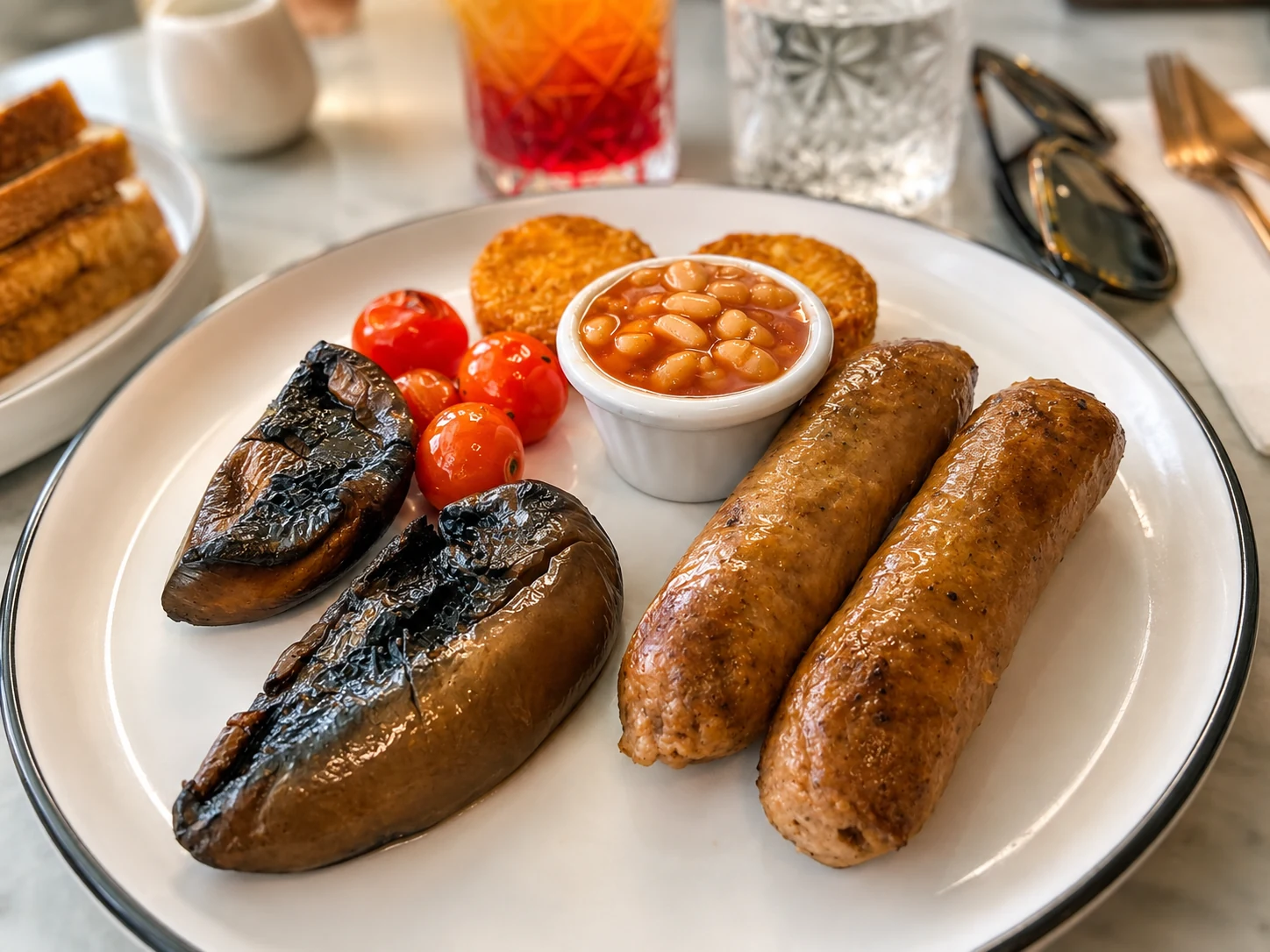 Vegan Karamelli Brekkie with vegan sausages, mushrooms, tomatoes, potato hash and beans